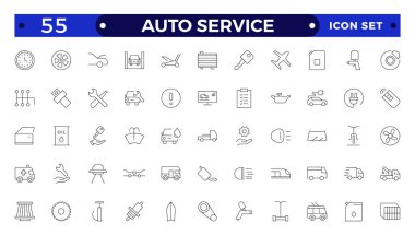 Otomatik servis simgesi ayarlandı. Araba garajı simgeleri ayarlandı. Otomobil servisi, araçlar, tornavida, anahtar, çekiç, dişli, araba, tamirat, motor ve daha fazlası.