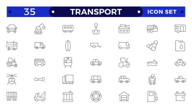 Taşıma ana hatları simgesi ayarlandı. Nakliye ve Kurye ikonu. Sipariş takibi, teslimat evi, depo, kamyon, scooter, kurye Deniz Hava, Tarih, Arama Paketi ve kargo simgeleri içeriyor