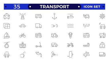 Taşıma ana hatları simgesi ayarlandı. Nakliye ve Kurye ikonu. Sipariş takibi, teslimat evi, depo, kamyon, scooter, kurye Deniz Hava, Tarih, Arama Paketi ve kargo simgeleri içeriyor