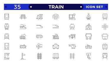 Tren ve demiryolu ikonu hazır. Şehirlerarası, uluslararası, yük trenleri, doğrusal simgeler.