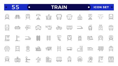 Tren ve demiryolu ikonu hazır. Şehirlerarası, uluslararası, yük trenleri, doğrusal simgeler.