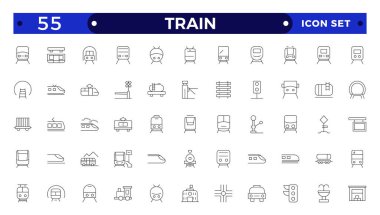 Tren ve demiryolu ikonu hazır. Şehirlerarası, uluslararası, yük trenleri, doğrusal simgeler.