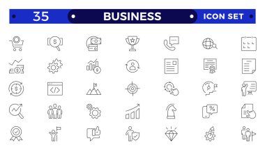 İş hattı simgeleri ayarlandı. İş adamı ikon koleksiyonunu özetliyor. Takım çalışması, insan kaynakları, toplantı, ortaklık, toplantı, çalışma grubu, başarı, özgeçmiş