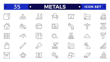 Metal simgeler ayarlandı. ui tasarımı için bir dizi metalurji vektör simgesi. Çelik ürünler, ince çizgi simgesi seti. Taslak simge koleksiyonu.