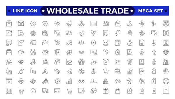 stock vector Wholesale icon set with merchandise, retailers, industrial, commercial, goods, bulk, consumer, buying and higher price. Wholesale Trade outline icon collection