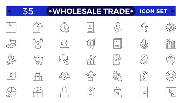 stock vector Wholesale icon set with merchandise, retailers, industrial, commercial, goods, bulk, consumer, buying and higher price. Wholesale Trade outline icon collection