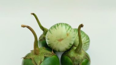 Beyaz arka planda Tayland patlıcan veya yuvarlak patlıcan (Solanum melongena).