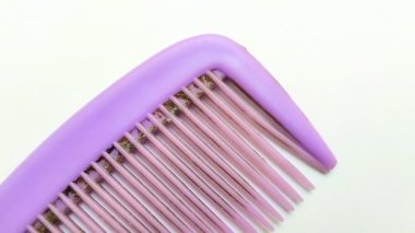 Beyaz arka planda kirli, mor bir tarak. Nadiren temizlenen mezarlıklar bakteriler ve mantarlar için üreme alanı haline gelebilir. Sonuç olarak, kepek ya da saç dökülmesi gibi sorunlar kafa derinizde görülebilir.