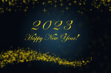 Mutlu yıllar 2023. Yıl 2023, parlak yanan sayılar. Yıldızlar ve mavi arka planda bokeh..