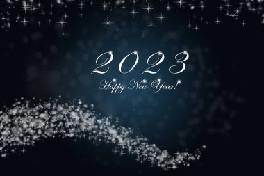 Mutlu yıllar 2023. Yıl 2023, parlak yanan sayılar. Yıldızlar ve mavi arka planda bokeh..