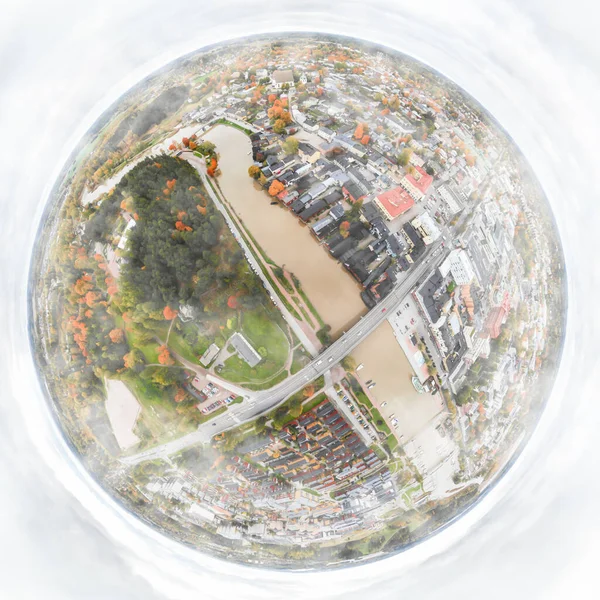 A three dimensional panoramic aerial view of the Old town of Porvoo in fog, in a mini planet panorama style. Finland.