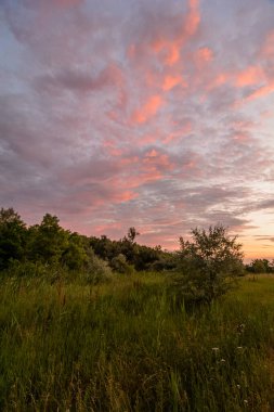 Güzel bir gün batımı olan bir arazi.