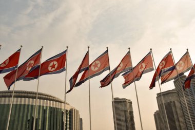 Flags of North Korea flutter in the wind clipart