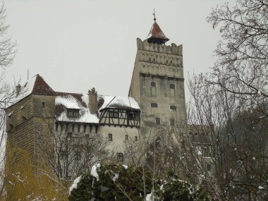 Brasov yakınlarındaki Transilvanya köyünde, Kışın Bran Kalesi