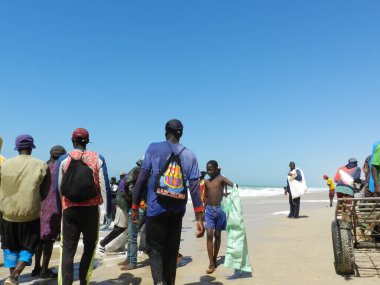 Nouakchott, Mauritania - February 14, 2024: Fishermen Haul in the Day's Catch at the Beach in Nouakchott, Mauritania clipart