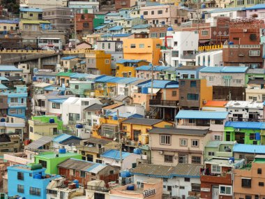 Gamcheon Kültür Köyü 'nün renkli evleri Busan, Güney Kore' deki yamaçlara yapışmış.