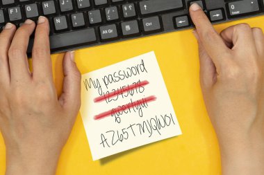 Online password management with keyborard, notes and bussineswoman clipart