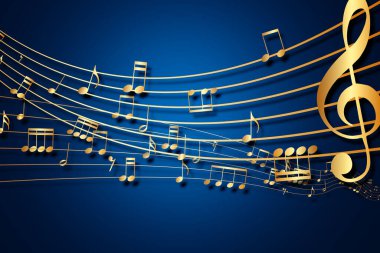 Soyut müzik geçmişi. Altın müzik notaları ve üç katlı anahtar ses dalgası üzerinde