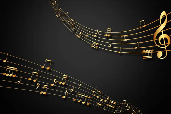 Soyut müzik geçmişi. Altın müzik notaları ve üç katlı anahtar ses dalgası üzerinde