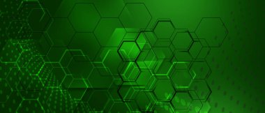 molecular illustration of green faded hexagonal geometric layered design background
