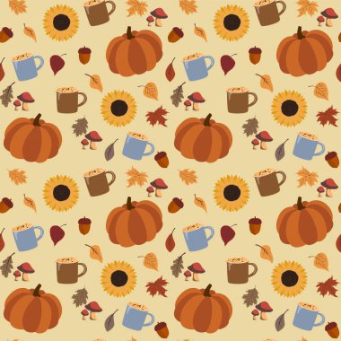 Sıcak renklerde, pürüzsüz bir sonbahar deseni, pürüzsüz tekrar. Moda düz stil. Özgeçmiş, giysi tasarımı, kartlar, hediye paketleme kağıdı, ev dekorasyonu vs. için harika..