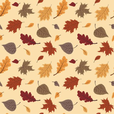 Güzel sonbahar yaprakları sıcak renklerde, pürüzsüz bir şekilde tekrar ediyor. Moda düz stil. Arkaplan, giyim ve yayın tasarımları, kartlar, hediye paketleme kağıtları, ev dekorasyonu vs. için harika.