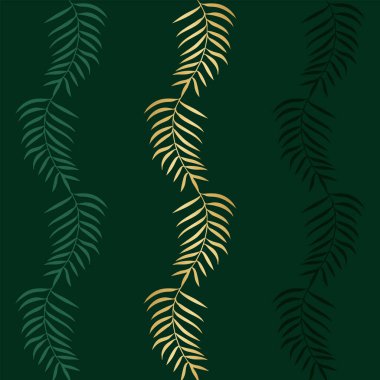 Renkli egzotik yeşil ve yeşil arka planda altın dallı palmiye dalları olan çiçeksiz desenler. Duvar kağıdı, poster ve kart için tropikal bitkilerle soyut vektör çizimi. 
