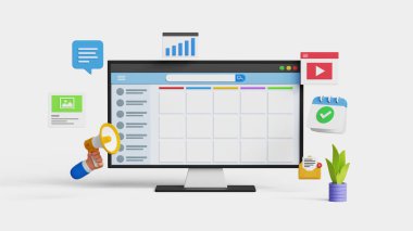 Sosyal medya planlayıcısı, içerik takvimi. Planlayıcı gösterge paneli. Girişimcilik planlama kavramı. Sosyal medya paylaşımını yönetiyor. Organizasyon süreci. 3B illüstrasyon