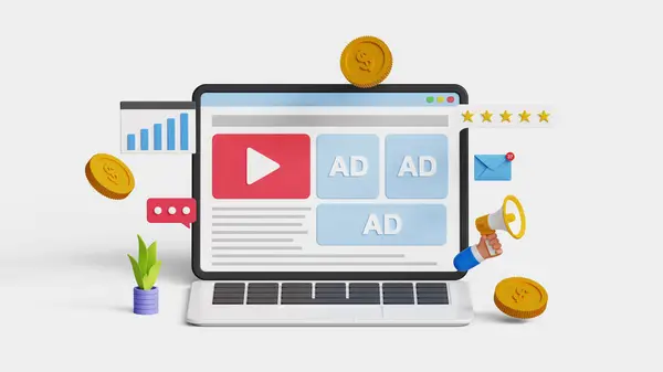 Sosyal medyada online reklamcılık. PPC reklam kampanyası. Dizüstü bilgisayarında programlı sosyal ağ reklamları olan üç boyutlu dijital pazarlama. Hedef gelen reklam