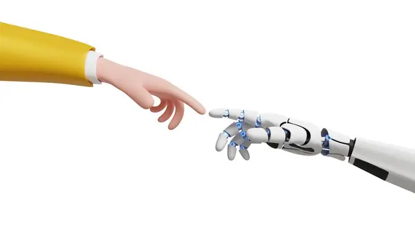 Yapay zekanın geleceği. Teknolojik ilerleme. Yapay zeka. Cyborg ve insan birliği. 3 boyutlu robot el ve insan eli parmaklara dokunuyor.