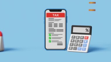 Çevrimiçi vergi kavramı. Akıllı telefon kullanarak online vergi bilgilerini dolduruyorum. 4k 3d animasyon