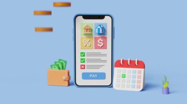 Abonelik ödemesi, kredi, ipotek, vergi, tasarruf ve gider konsepti. Mavi arka plandaki akıllı telefondan aylık ödemeler. 4k 3d animasyon