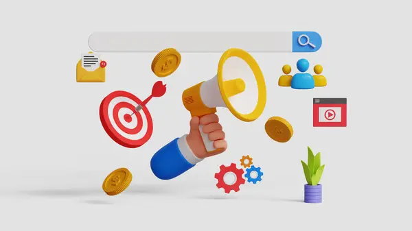 Dijital pazarlama, reklam, tanıtım stratejisi, SEO optimizasyon konsepti. Beyaz arka planda megafon ve pazarlama simgeleri olan arama çubuğu. 3d illüstrasyon