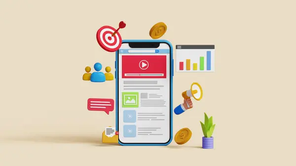 Mobil reklamcılık. Sosyal medya kampanyası, dijital pazarlama kavramı. Reklam pazarlama stratejisi hedefleniyor