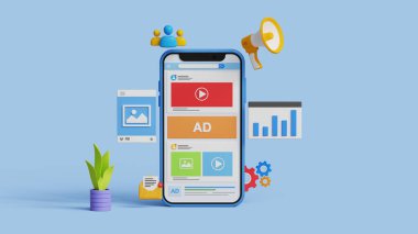 Sosyal medya SEO pazarlama, digilal reklamcılık, tanıtım, reklam yönetimi, içerik pazarlama veya çevrimiçi kampanya konsepti 3D sosyal medya sayfası