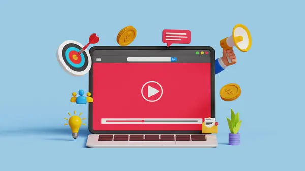 Video pazarlama, canlı yayın veya sosyal medya reklamcılığı. Video pazarlama stratejisi kampanyası. 3D dizüstü bilgisayarda video oynatılıyor