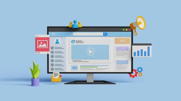 Sosyal medya SEO pazarlama, digilal reklamcılık, tanıtım, reklam yönetimi, içerik pazarlama veya çevrimiçi kampanya konsepti 3D sosyal medya sayfası pazarlama simgeleriyle bilgisayarda