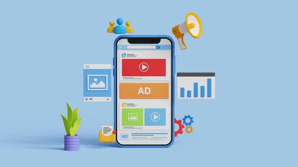 Sosyal medya SEO pazarlama, digilal reklamcılık, tanıtım, reklam yönetimi, içerik pazarlama veya çevrimiçi kampanya konsepti 3D sosyal medya sayfası