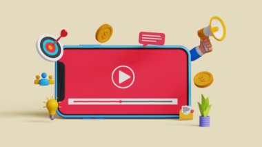 Video pazarlama ya da canlı yayın konsepti. Sosyal medyada içerik tanıtım stratejisi. 3 boyutlu akıllı telefon ekranında video oynatılıyor. 4k 3d video canlandırması