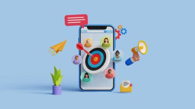 CRM, Customer relationship management concept. Customer target concept. Refining marketing strategies. 3D smartphone with targeted audience and marketing icons clipart