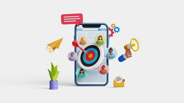 Reklam için hedef kitle. Sosyal medya kampanyası yoluyla müşteri ya da müşteri bulmak. Odaklanma grubu araştırması. Hedef kitleye ve pazarlama simgelerine sahip 3B akıllı telefon