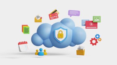 Bulut hesaplama, veritabanı teknolojisi. Büyük veri kaynağı merkezi, dosya erişimi, çevrimiçi depolama, ev sahipliği, ağ sistemi veya bulut sunucu depolama konsepti. 4k 3d animasyon. Döngü için ilk 3 saniyeyi kes