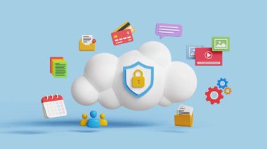 Bulut hesaplama, veritabanı teknolojisi. Büyük veri kaynağı merkezi, dosya erişimi, çevrimiçi depolama, ev sahipliği, ağ sistemi veya bulut sunucu depolama konsepti. 4k 3d animasyon. Döngü için ilk 3 saniyeyi kes