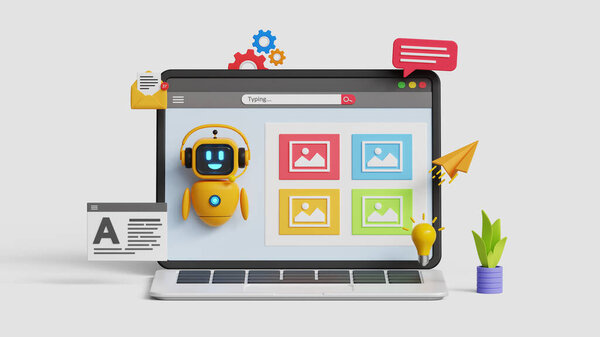 Generative AI tool. Prompt engineering or AI image creation technology. 3D chatbot creating image variations