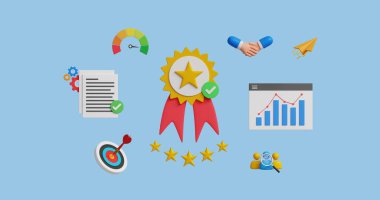 Kalite güvencesi, kalite kontrol, ürün garantisi konsepti. Yüksek kalite onay, onaylanmış iş hizmeti sistemi ve müşteri memnuniyeti. 3B illüstrasyon