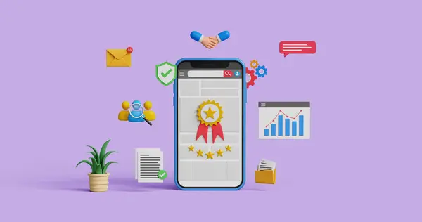 Kalite güvencesi ya da standart sertifika konsepti. Müşteri memnuniyeti, kalite servisi, olumlu geri bildirim, performans göstergesi. 3 boyutlu akıllı telefon, 5 yıldızlı rozet ve onaylı not.