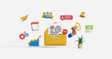 3 boyutlu e-posta pazarlama, CRM, e-posta otomasyonu. konsept. Müşterileri hedef al, abone ol, insanları davet et, e-posta listesi, bildirim yap, indirimli teklifler yap. 4K 3D animasyon. Döngü için ilk 3 saniyeyi kes