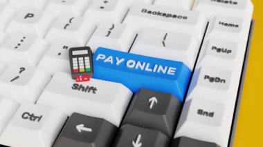 Çevrimiçi ödeme servisi. Çevrimiçi alışveriş, elektronik ödeme, e-bankacılık, ödeme, ödeme konsepti. POS uçlu 3D Pay Online klavye anahtarı. 4K 3B Canlandırma