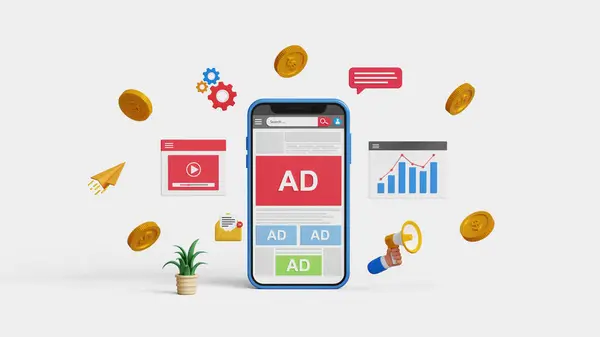 Dijital pazarlama stratejisi. Reklamlar, SEO, PPC, Online reklamlar, web sitesi reklamları, sosyal medya kampanyaları. Dijital pazarlama stratejisi analizli 3B akıllı telefon