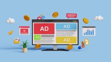 Sosyal medyada online reklamcılık. PPC reklam kampanyası. Hedeflenen reklam. Programlı sosyal ağ reklamlı üç boyutlu dijital pazarlama. 4K 3B döngü canlandırması